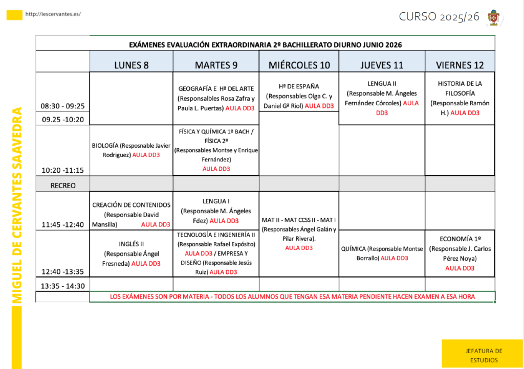 CALENDARIO EXÁMENES EXTRAORDINARIA