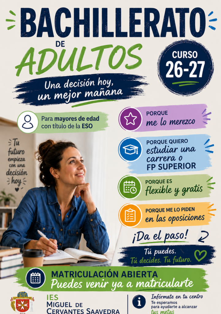 Bachillerato de Adultos: Matriculación abierta para el curso 26-27